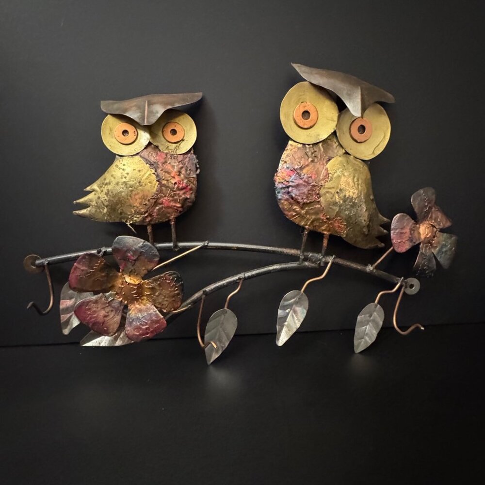 Metal Owl Wall Art With Flowers & Hooks Rustic Handcrafted Design Multi-Color - Picture 14 of 16